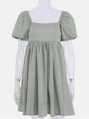 Women’s Cotton Linen Babydoll Dress Mini Puff Sleeve Swing Square Neck Dress